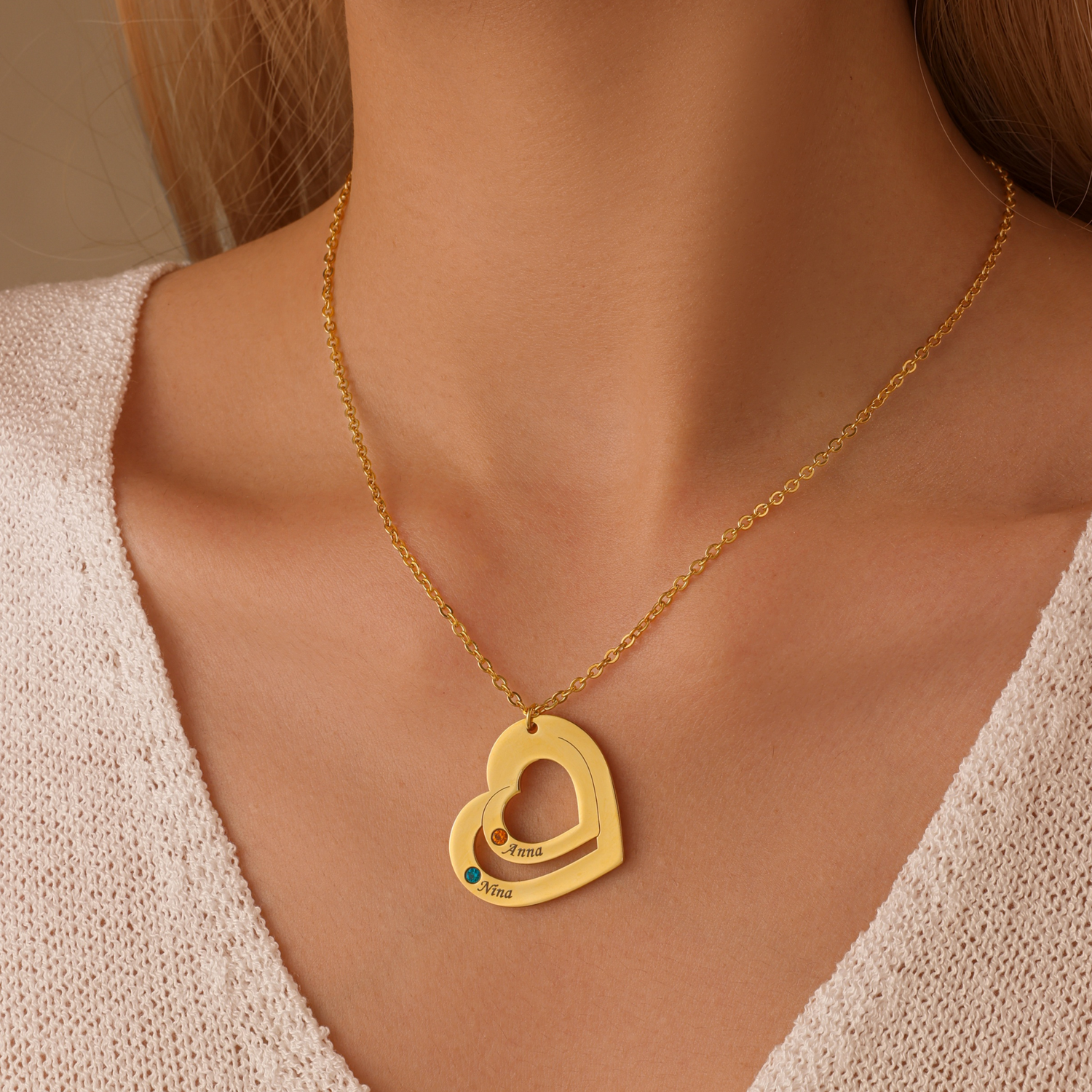 Collier Cœurs Enlacés Personnalisé avec Pierres de Naissance