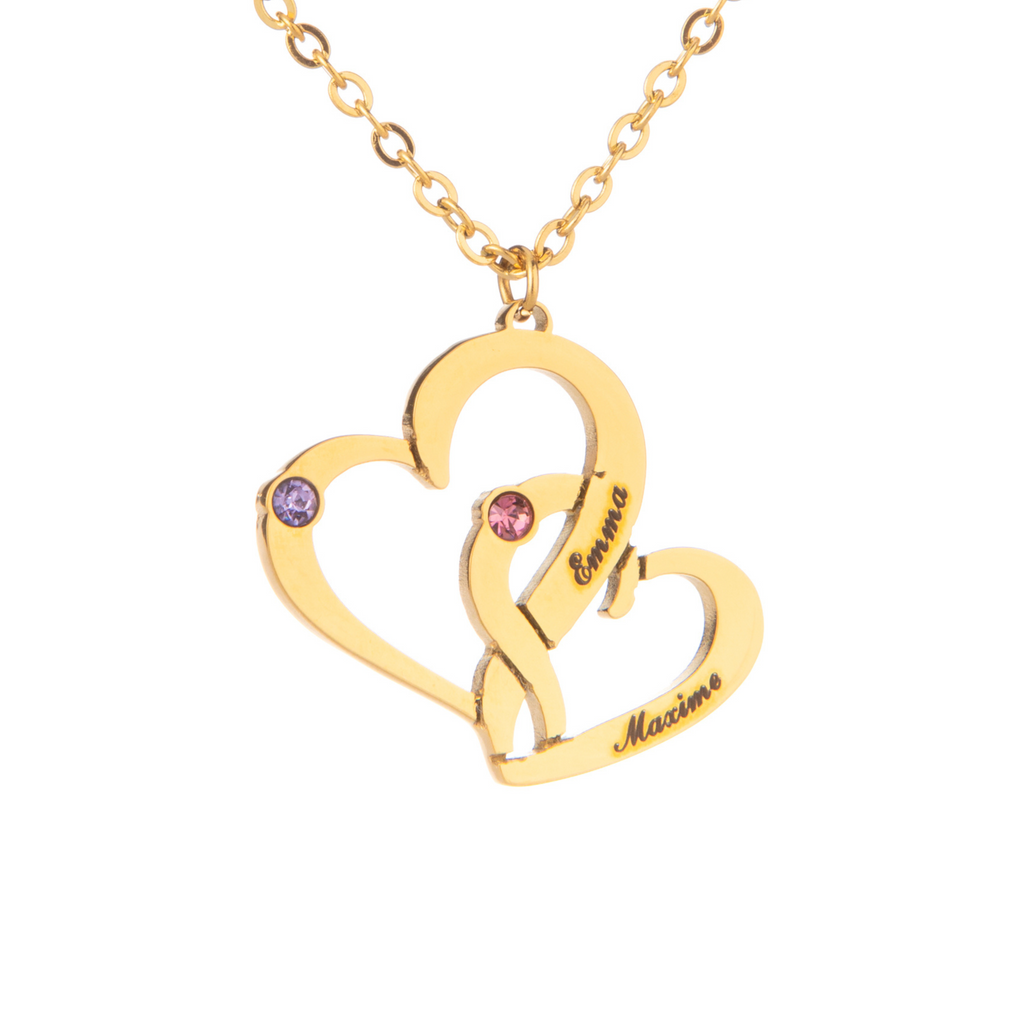 Collier Cœurs Entrelacés avec Pierres de Naissance et Prénoms Gravés
