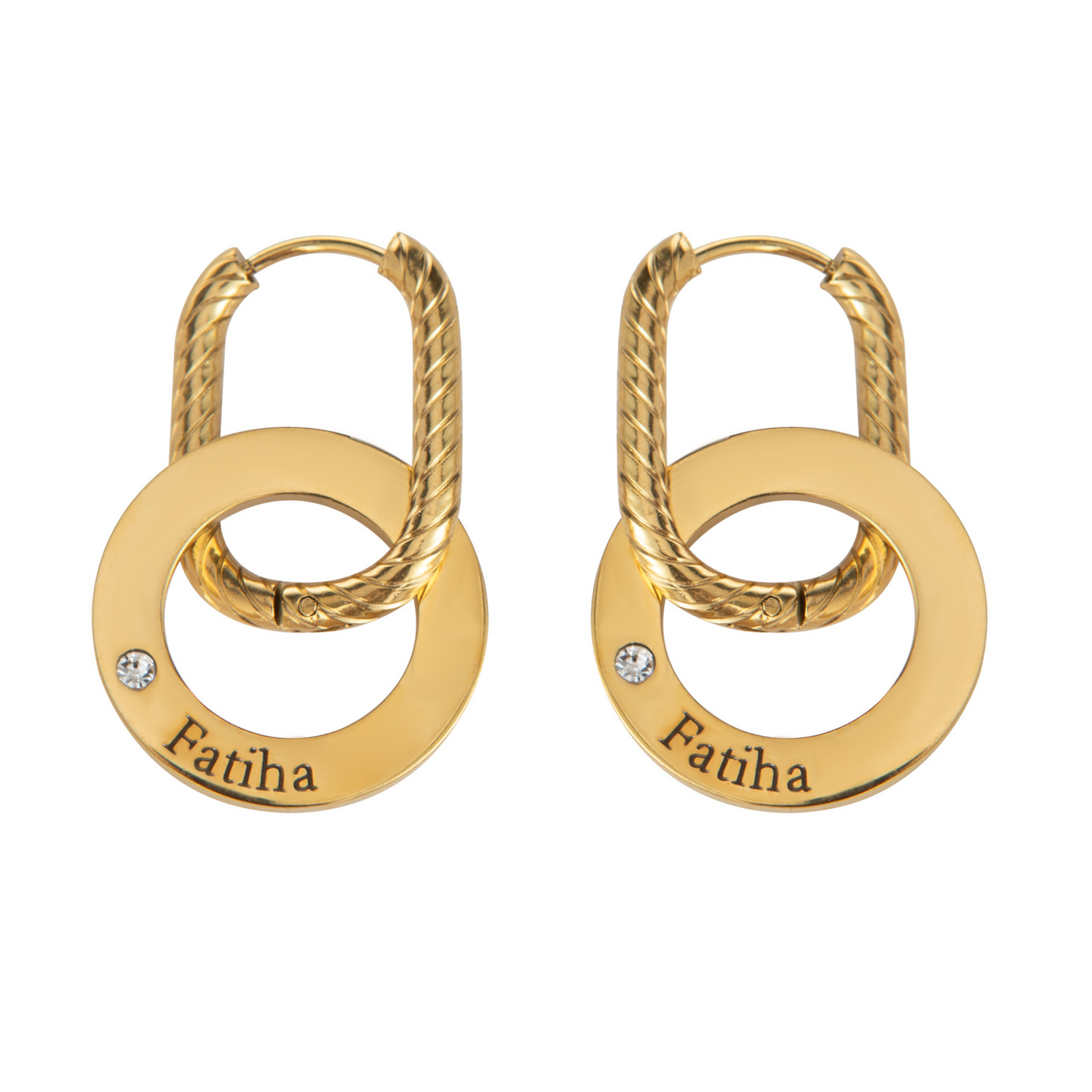 Boucles d’Oreilles Créoles Gravées avec Anneau Torsadé & Cristal