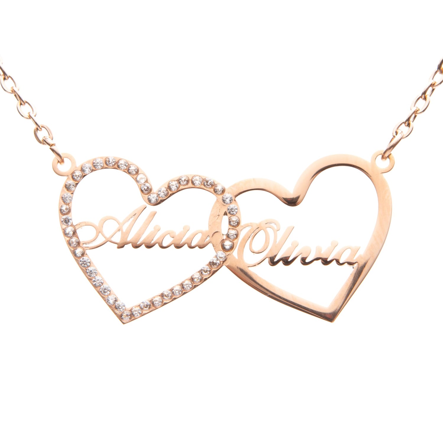 Collier Personnalisé 2 Prénoms Double Coeur & Strass