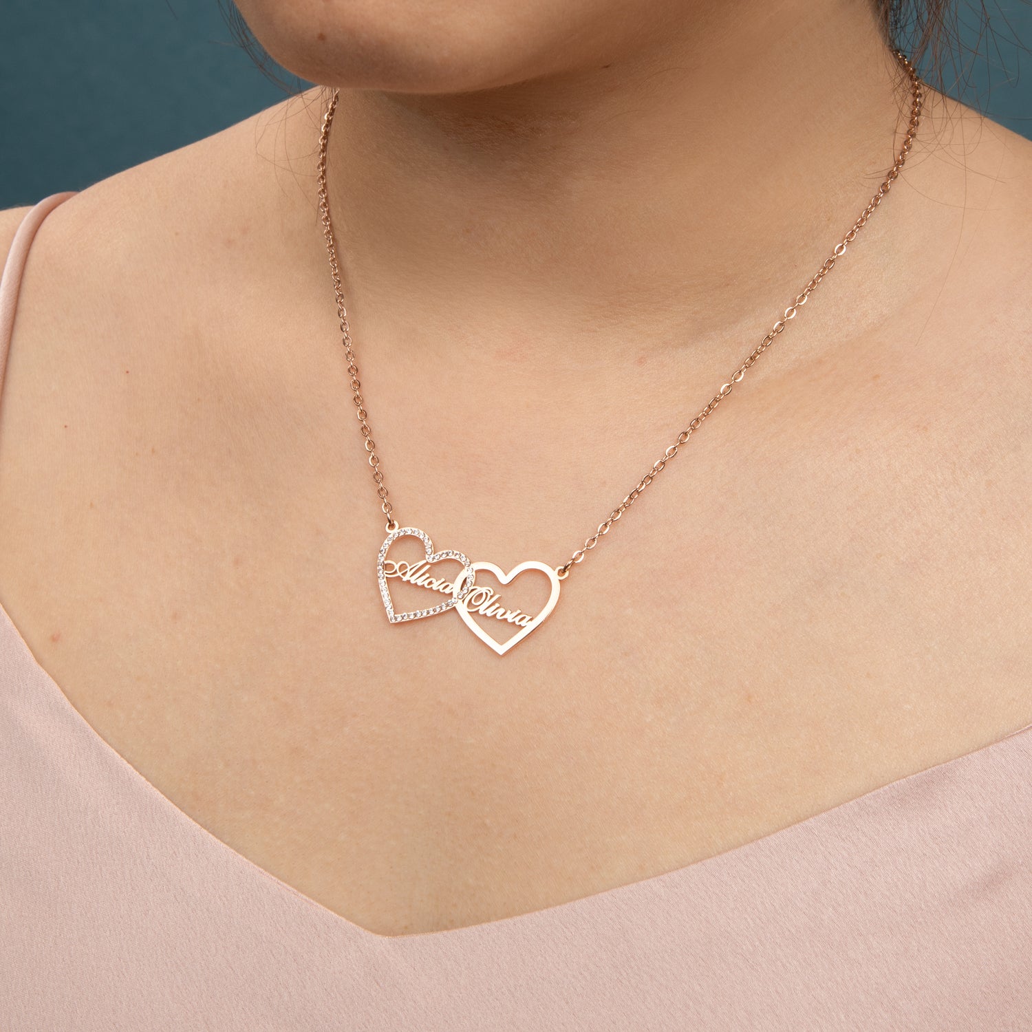 Collier Personnalisé 2 Prénoms Double Coeur & Strass