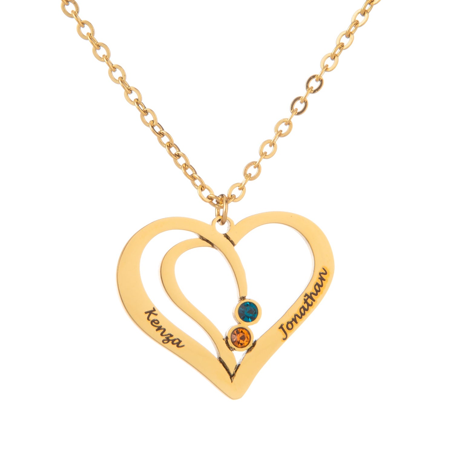 Collier Cœur Entrelacé avec Prénoms Gravés et Pierres de Naissance