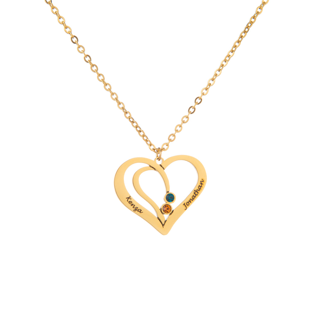Collier Cœur Entrelacé avec Prénoms Gravés et Pierres de Naissance