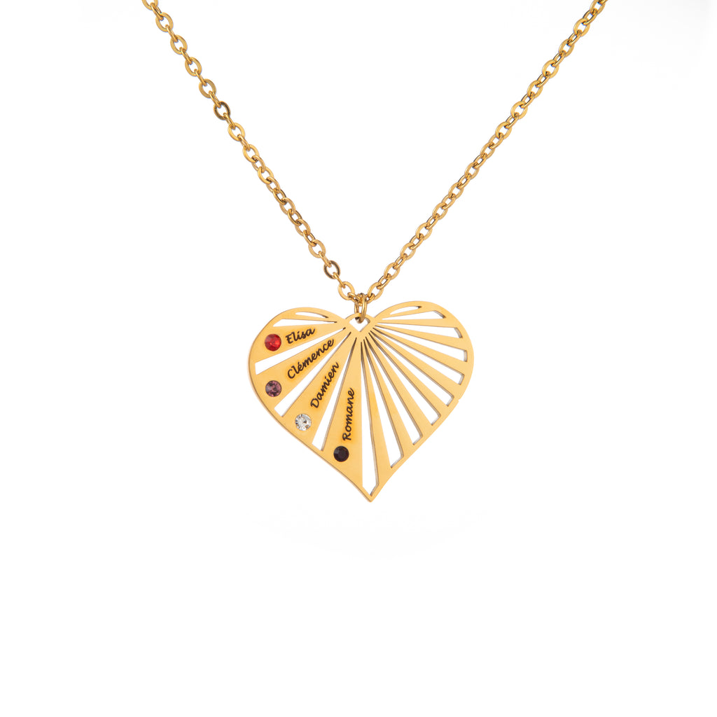 Collier Cœur Rayonnant avec Prénoms Gravés et Pierres de Naissance