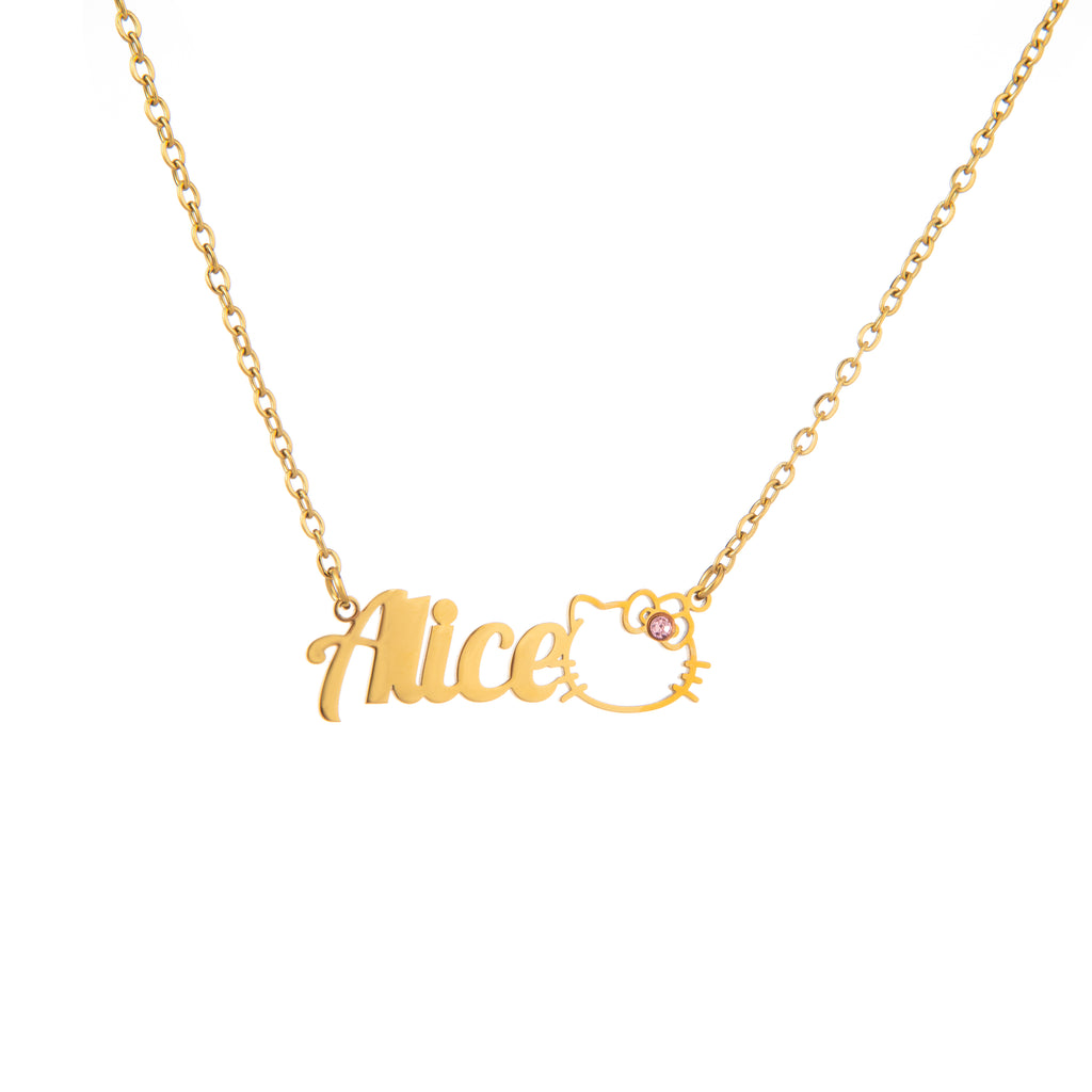 Collier Prénom Personnalisé avec Motif Chat & Pierre Scintillante