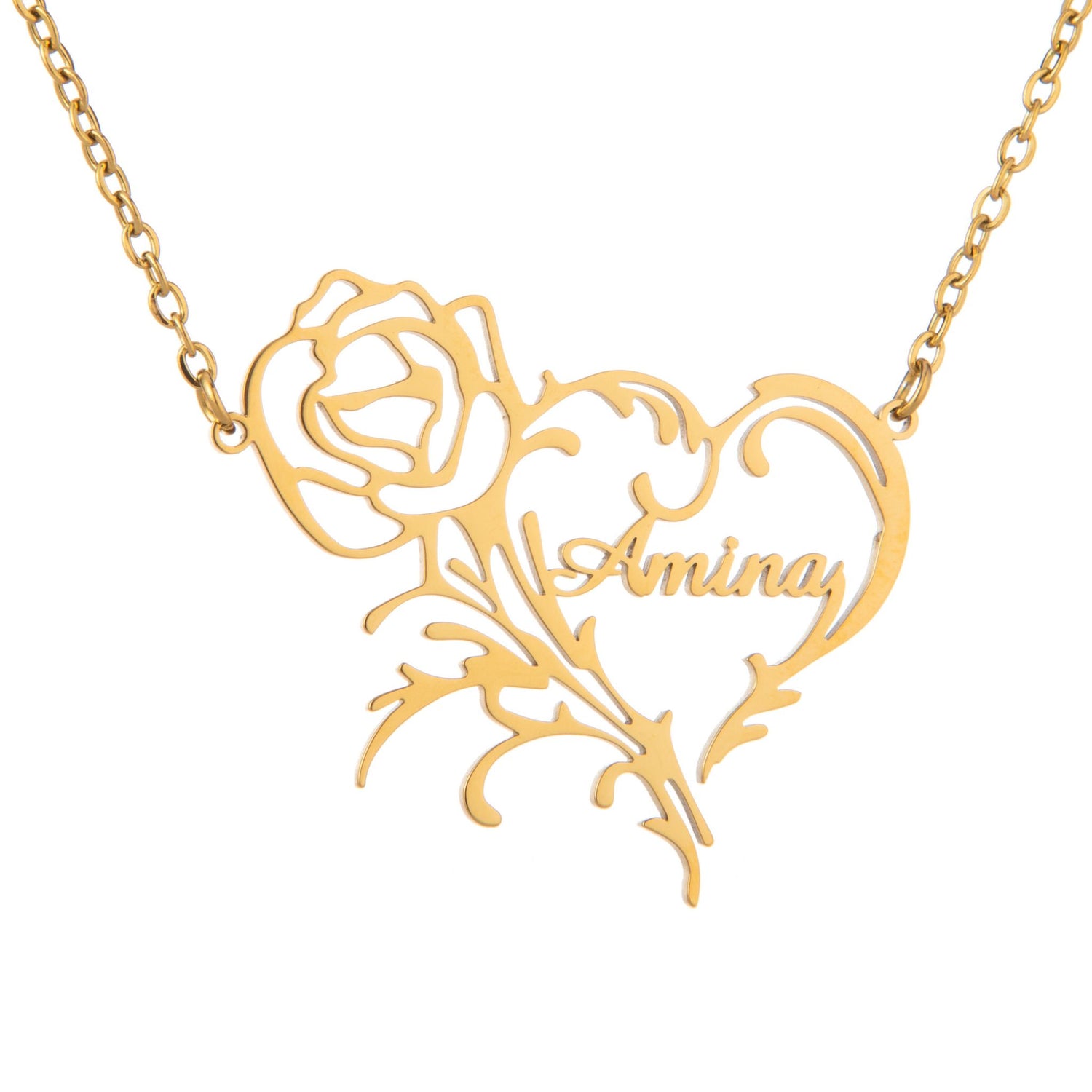 Collier Cœur avec Rose Personnalisé – Gravure Prénom