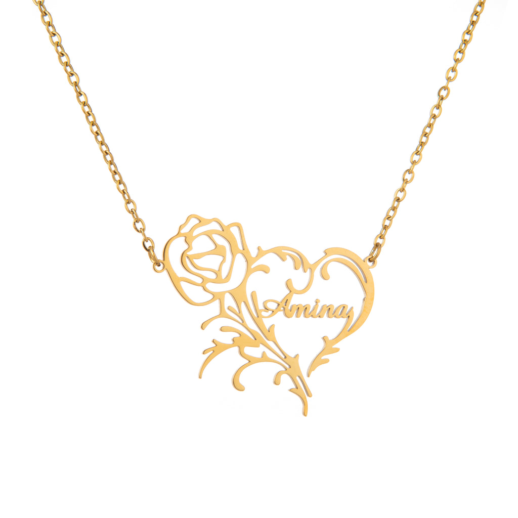 Collier Cœur avec Rose Personnalisé – Gravure Prénom