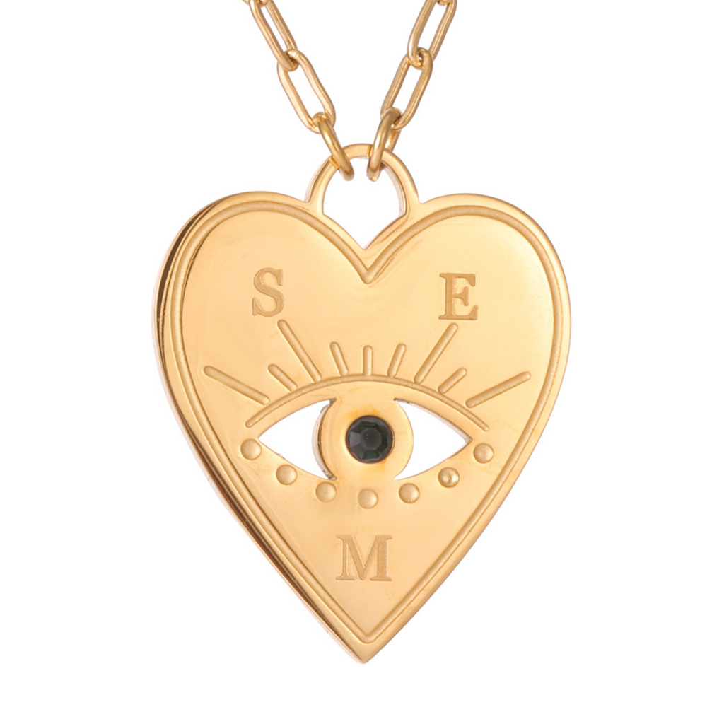 Collier Cœur Personnalisé avec Œil Porte-Bonheur et Pierre