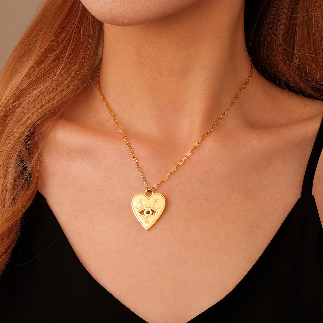 Collier Cœur Personnalisé avec Œil Porte-Bonheur et Pierre