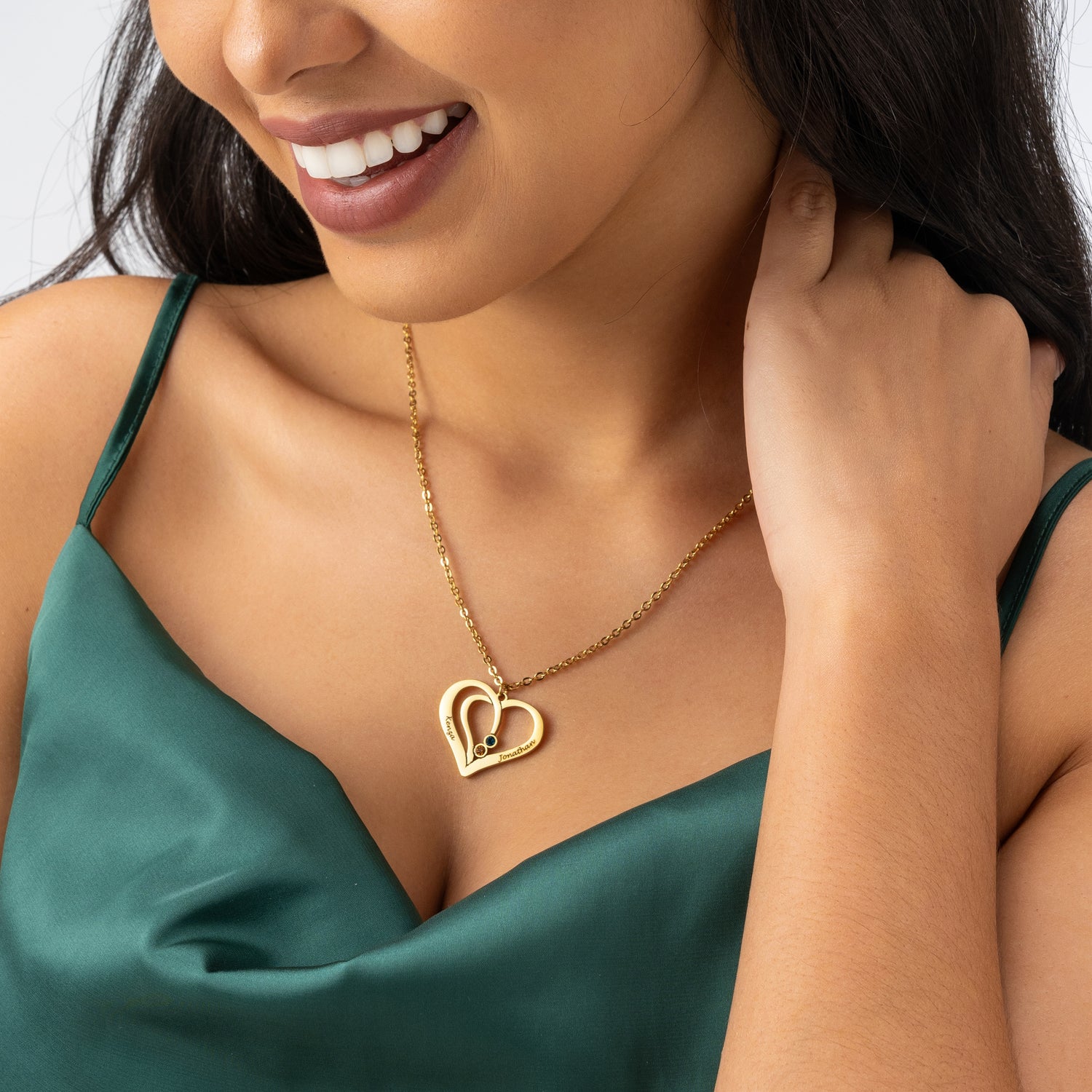 Collier Cœur Entrelacé avec Prénoms Gravés et Pierres de Naissance