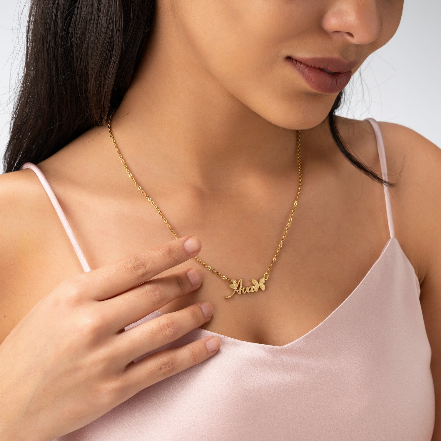 Collier Prénom Personnalisé avec Police Papillon & Effet Pailleté