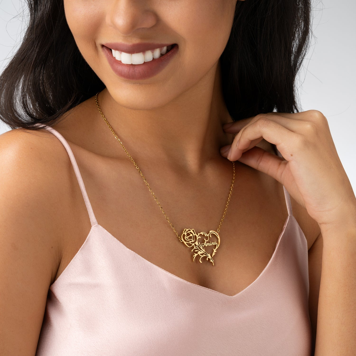 Collier Cœur avec Rose Personnalisé – Gravure Prénom