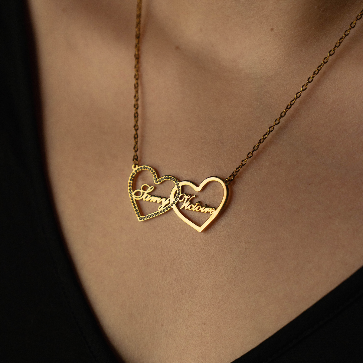 Collier Personnalisé 2 Prénoms Double Coeur & Strass