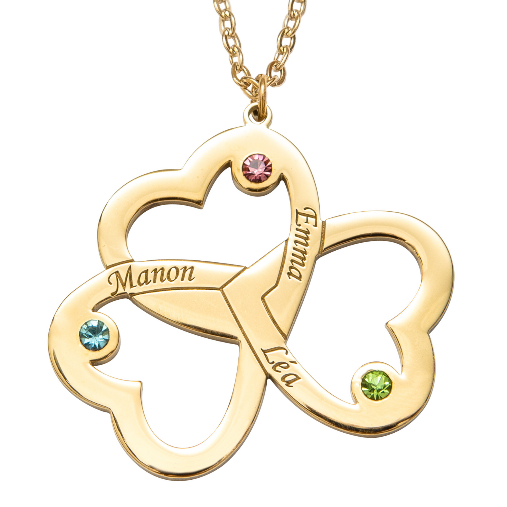 Collier Prénoms Tri-Coeur Personnalisés et Pierre de Naissance