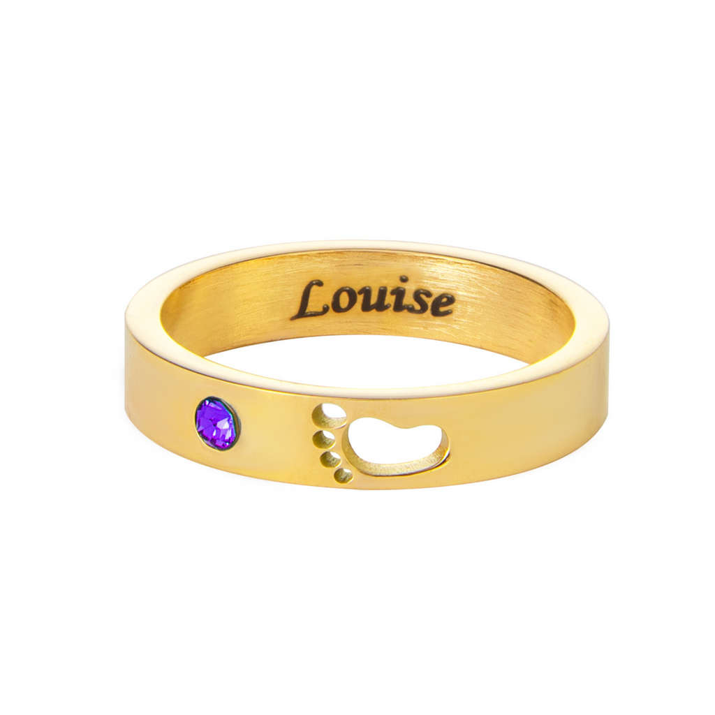 Bague Gravée avec Prénom, Empreinte de Pied & Pierre de Naissance