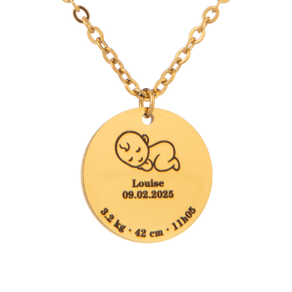 Collier Souvenir de Naissance – Gravé avec les Détails de Bébé